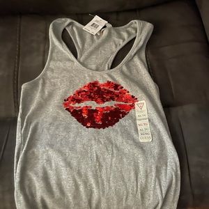 Guess gray tank top w red sequin lips. Large